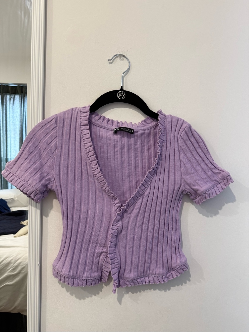 Zara Ribbed Lavender Ruffle-Trim Short Sleeve Top